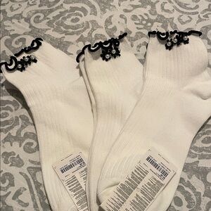 Forever 21 White Kids Socks with Black Floral Trim and Pearl Accent